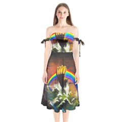 Rainbow Color Shoulder Tie Bardot Midi Dress by uniart180623