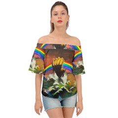 Rainbow Color Off Shoulder Short Sleeve Top by uniart180623