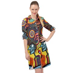 Hippie Rainbow Psychedelic Colorful Long Sleeve Mini Shirt Dress by uniart180623