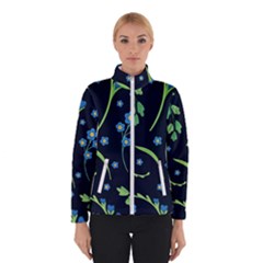 Abstract Wild Flowers Dark Blue Background Blue Flower Blossom Flat Retro Seamless Pattern Daisy Women s Bomber Jacket