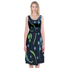 Abstract Wild Flowers Dark Blue Background Blue Flower Blossom Flat Retro Seamless Pattern Daisy Midi Sleeveless Dress