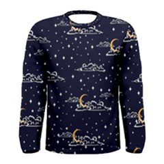 Hand-drawn-scratch-style-night-sky-with-moon-cloud-space-among-stars-seamless-pattern-vector-design- Men s Long Sleeve Tee by uniart180623