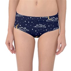 Hand-drawn-scratch-style-night-sky-with-moon-cloud-space-among-stars-seamless-pattern-vector-design- Mid-waist Bikini Bottoms by uniart180623