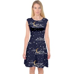 Hand-drawn-scratch-style-night-sky-with-moon-cloud-space-among-stars-seamless-pattern-vector-design- Capsleeve Midi Dress by uniart180623