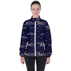 Hand-drawn-scratch-style-night-sky-with-moon-cloud-space-among-stars-seamless-pattern-vector-design- Women s High Neck Windbreaker by uniart180623