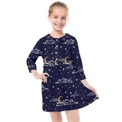 Hand-drawn-scratch-style-night-sky-with-moon-cloud-space-among-stars-seamless-pattern-vector-design- Kids  Quarter Sleeve Shirt Dress by uniart180623