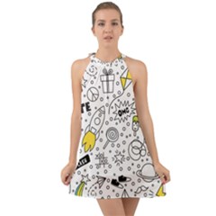 Set-cute-colorful-doodle-hand-drawing Halter Tie Back Chiffon Dress by uniart180623