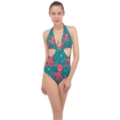 Cute-smiling-red-octopus-swimming-underwater Halter Front Plunge Swimsuit by uniart180623