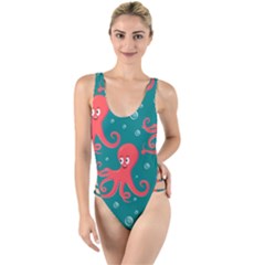 Cute-smiling-red-octopus-swimming-underwater High Leg Strappy Swimsuit by uniart180623