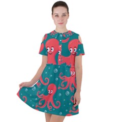 Cute-smiling-red-octopus-swimming-underwater Short Sleeve Shoulder Cut Out Dress  by uniart180623