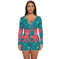 Cute-smiling-red-octopus-swimming-underwater Long Sleeve Boyleg Swimsuit by uniart180623