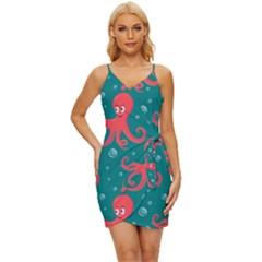 Cute-smiling-red-octopus-swimming-underwater Wrap Tie Front Dress by uniart180623