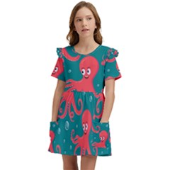 Cute-smiling-red-octopus-swimming-underwater Kids  Frilly Sleeves Pocket Dress by uniart180623