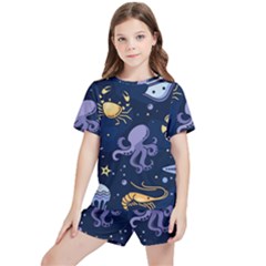 Marine-seamless-pattern-thin-line-memphis-style Kids  Tee And Sports Shorts Set by uniart180623