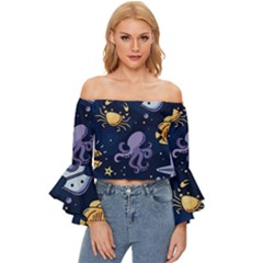 Marine-seamless-pattern-thin-line-memphis-style Off Shoulder Flutter Bell Sleeve Top