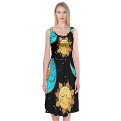 Seamless-pattern-with-sun-moon-children Midi Sleeveless Dress