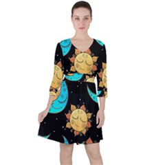 Seamless-pattern-with-sun-moon-children Quarter Sleeve Ruffle Waist Dress by uniart180623