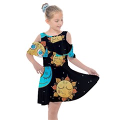 Seamless-pattern-with-sun-moon-children Kids  Shoulder Cutout Chiffon Dress by uniart180623