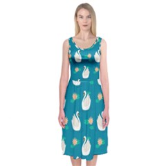 Elegant-swan-pattern-with-water-lily-flowers Midi Sleeveless Dress
