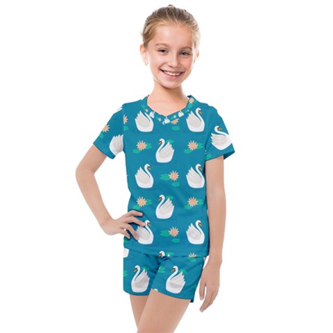 Elegant-swan-pattern-with-water-lily-flowers Kids  Mesh Tee And Shorts Set by uniart180623
