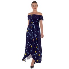 Seamless-pattern-with-cartoon-zodiac-constellations-starry-sky Off Shoulder Open Front Chiffon Dress