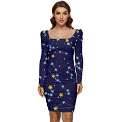 Seamless-pattern-with-cartoon-zodiac-constellations-starry-sky Women Long Sleeve Ruched Stretch Jersey Dress by uniart180623