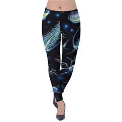 Colorful-abstract-pattern-consisting-glowing-lights-luminescent-images-marine-plankton-dark Velvet Leggings by uniart180623