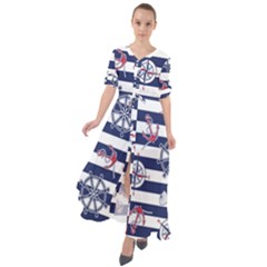 Seamless-marine-pattern Waist Tie Boho Maxi Dress