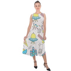 Cute-seamless-pattern-with-space Midi Tie-back Chiffon Dress