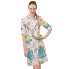 Cute-seamless-pattern-with-space Long Sleeve Mini Shirt Dress