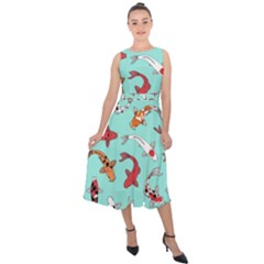 Pattern-with-koi-fishes Midi Tie-back Chiffon Dress