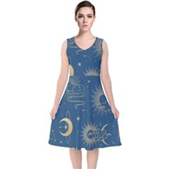 Seamless-galaxy-pattern V-neck Midi Sleeveless Dress 