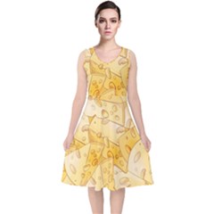 Cheese-slices-seamless-pattern-cartoon-style V-neck Midi Sleeveless Dress 