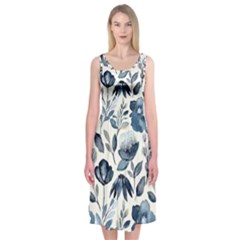 Indigo-watercolor-floral-seamless-pattern Midi Sleeveless Dress
