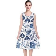 Indigo-watercolor-floral-seamless-pattern V-neck Midi Sleeveless Dress 