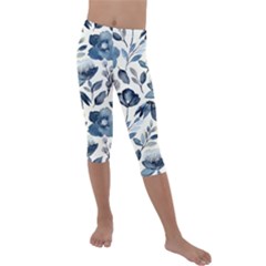 Indigo-watercolor-floral-seamless-pattern Kids  Lightweight Velour Capri Leggings  by uniart180623