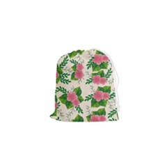 Cute-pink-flowers-with-leaves-pattern Drawstring Pouch (xs)