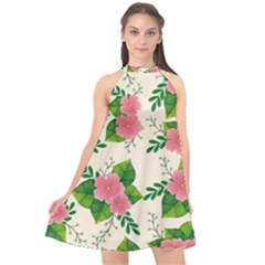 Cute-pink-flowers-with-leaves-pattern Halter Neckline Chiffon Dress  by uniart180623