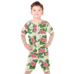 Cute-pink-flowers-with-leaves-pattern Kids  Tee And Shorts Set by uniart180623