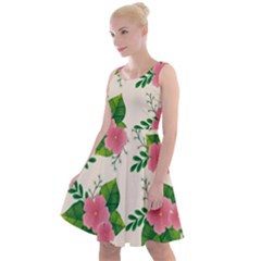 Cute-pink-flowers-with-leaves-pattern Knee Length Skater Dress by uniart180623