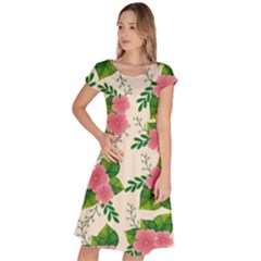 Cute-pink-flowers-with-leaves-pattern Classic Short Sleeve Dress by uniart180623