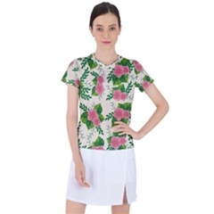 Cute-pink-flowers-with-leaves-pattern Women s Sports Top