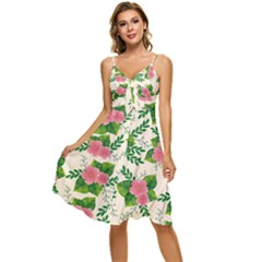 Cute-pink-flowers-with-leaves-pattern Sleeveless Tie Front Chiffon Dress by uniart180623