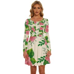 Cute-pink-flowers-with-leaves-pattern Long Sleeve Wide Neck Velvet Dress by uniart180623