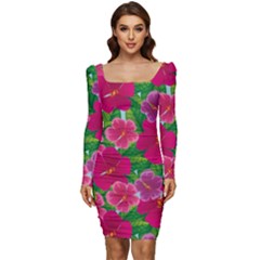 Background-cute-flowers-fuchsia-with-leaves Women Long Sleeve Ruched Stretch Jersey Dress by uniart180623