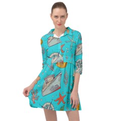 Colored-sketched-sea-elements-pattern-background-sea-life-animals-illustration Mini Skater Shirt Dress by uniart180623