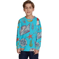 Colored-sketched-sea-elements-pattern-background-sea-life-animals-illustration Kids  Long Sleeve Jersey by uniart180623