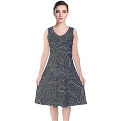 Damask-seamless-pattern V-neck Midi Sleeveless Dress 