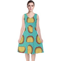 Taco-drawing-background-mexican-fast-food-pattern V-neck Midi Sleeveless Dress 