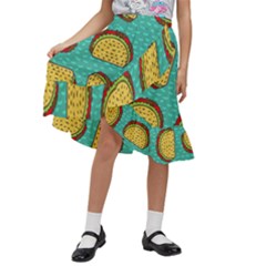 Taco-drawing-background-mexican-fast-food-pattern Kids  Ruffle Flared Wrap Midi Skirt